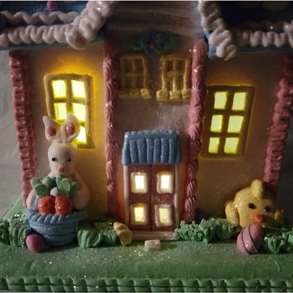 Easter Spring Clay Dough Light Up House 9” White Bunny In Glittered Gingerbread